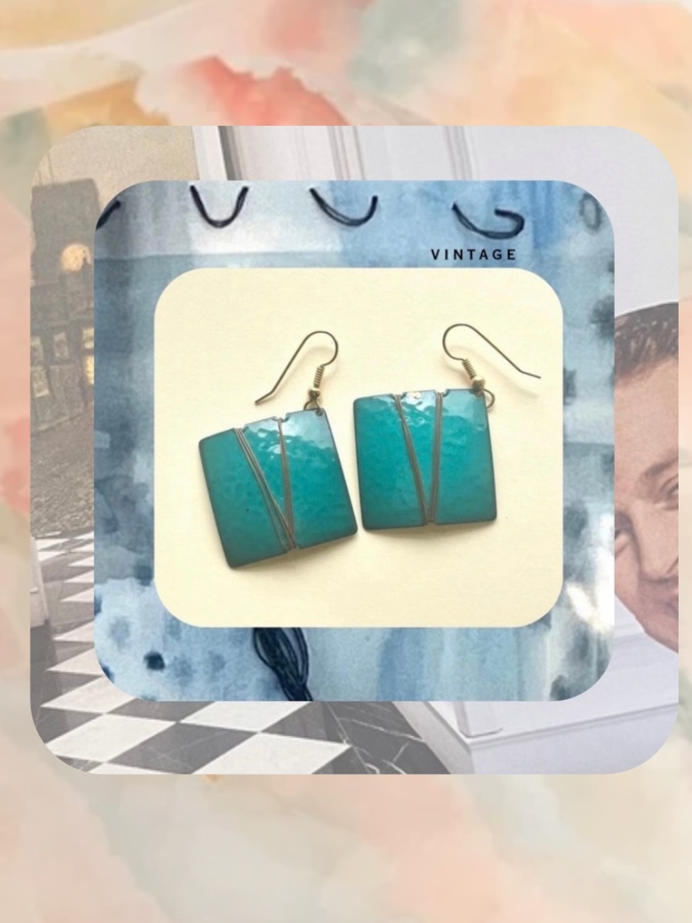 1980s vintage turquoise square dangling earrings with gold wire accents